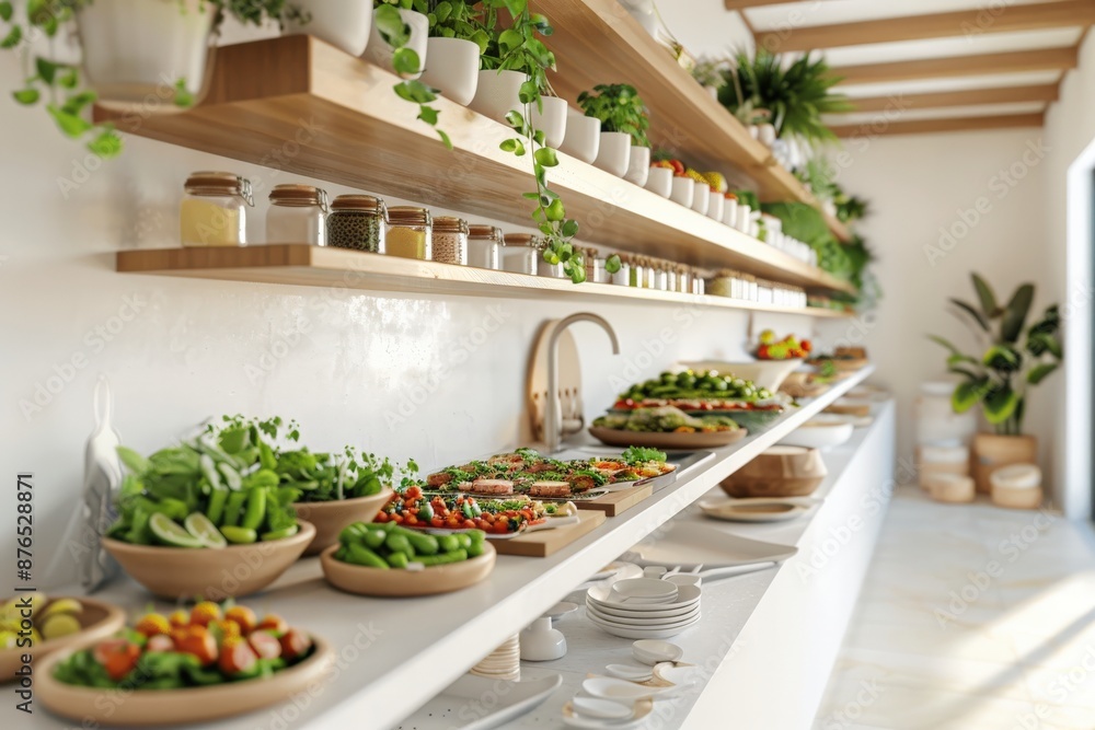 Modern kitchen with open shelves, filled with indoor plants and various healthy dishes beautifully arranged on the counter. Modern kitchen with open shelves, filled with indoor plants and various healthy dishes beautifully arranged on the counter.