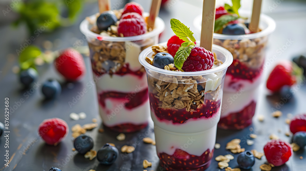 Three parfait cups filled with yogurt, granola, and berries.
Three parfait cups filled with yogurt, granola, and berries.