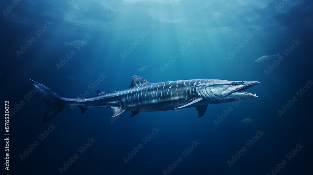 Fototapeta premium Prehistoric shark megalodon, giant extinct marine creature, swims underwater, 3D render