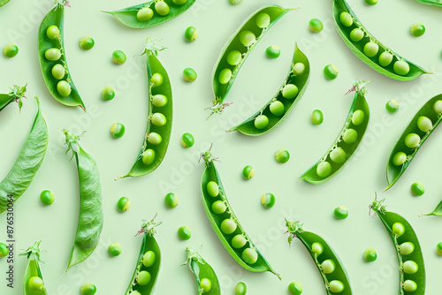 fresh green peas and pods arranged on light green background for healthy eating