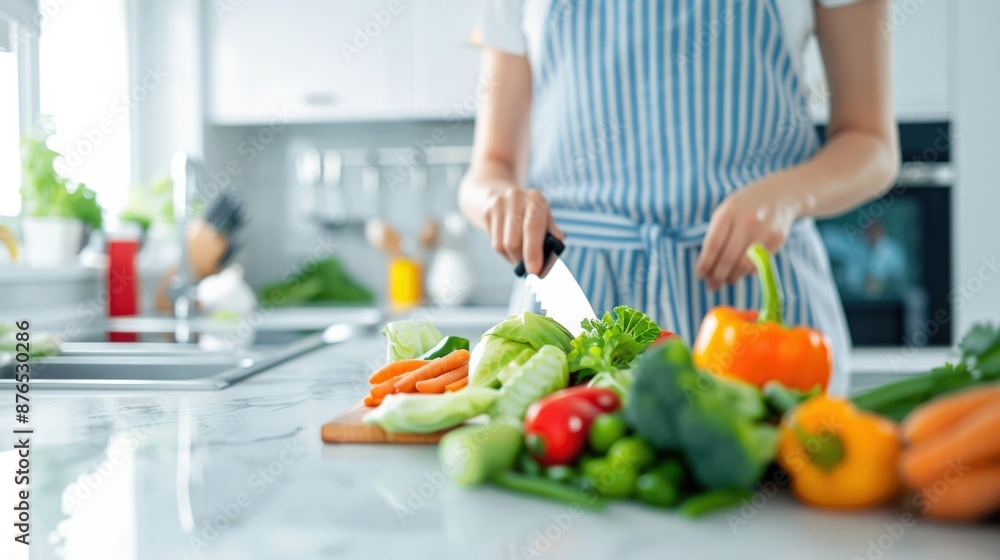 Person chopping fresh vegetables on a kitchen counter, preparing a healthy meal with various colorful ingredients. Person chopping fresh vegetables on a kitchen counter, preparing a healthy meal with various colorful ingredients.