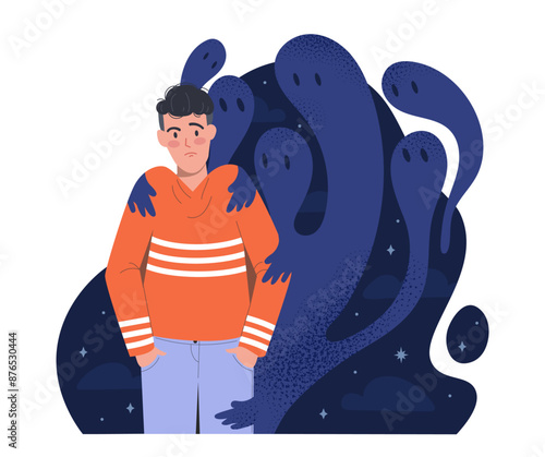 Guy with imaginary monster. Child afraid of shadows. Paranoia and schizophrenia. Mental problems and psychological disorder. Boy with fear. Flat vector illustration isolated on white background