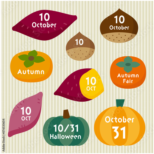 10月の文字入り秋の味覚のベクターイラストセット