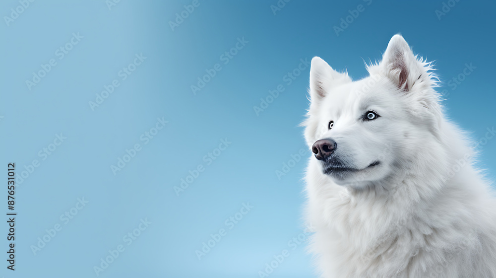 Fototapeta premium White dog with striking blue eyes, profile view against a light blue background. 