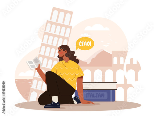 Woman learn italian language. Young girl sits with book in hand against background of Leaning Tower of Pisa. Education and learning. Tourist preparing for trip to Italy. Flat vector illustration