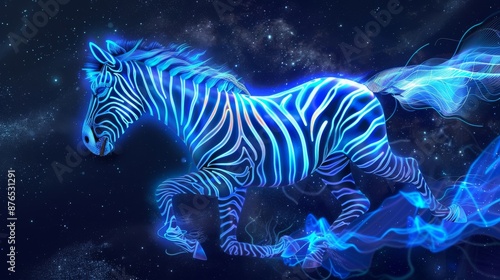It appears as though an ethereal, digital landscape is dotted with neon zebras that have blue and white stripes running through it. © VIK