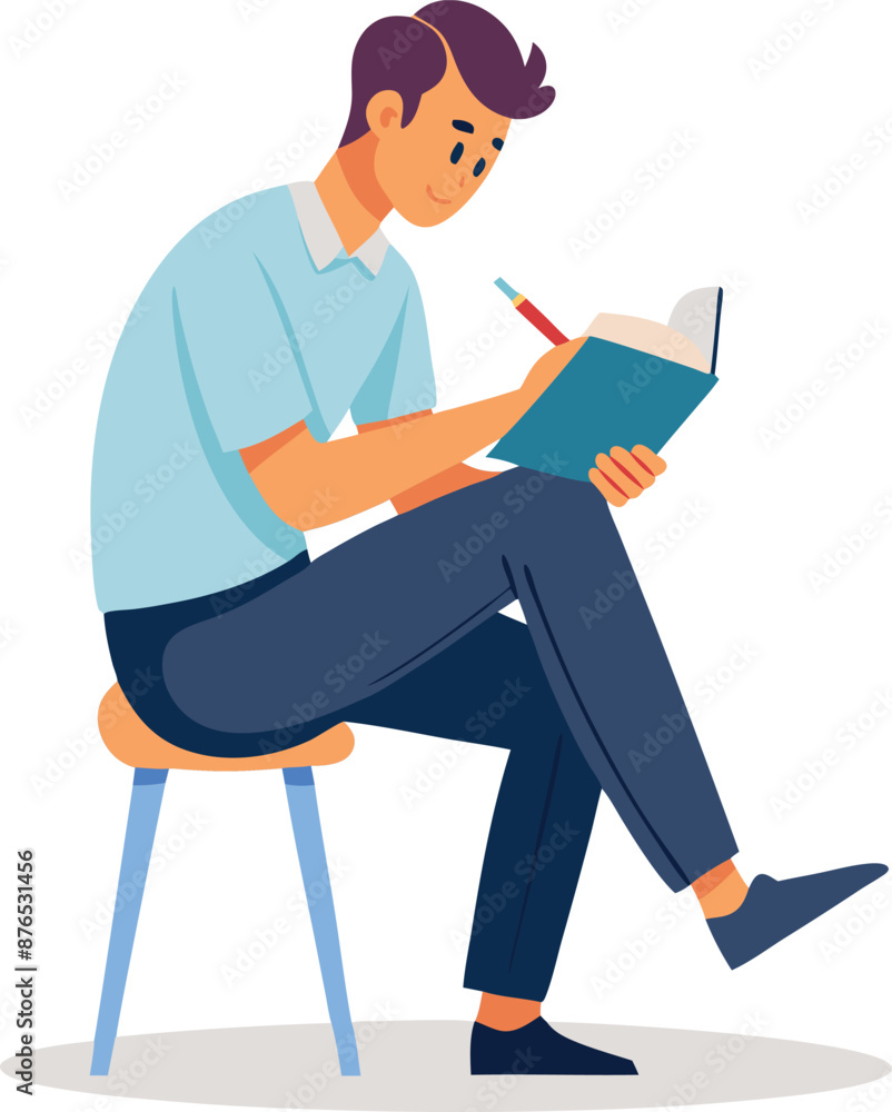 Fototapeta premium Man Writing in Notebook While Sitting on Chair Illustration