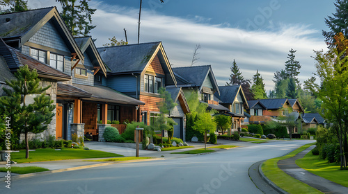 Modern suburban street with colorful houses and green lawns in a quiet family-friendly neighborhood photo