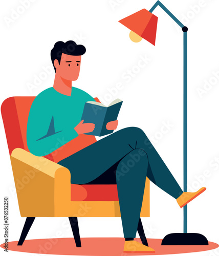 Man Reading Book While Sitting In Chair With Lamp