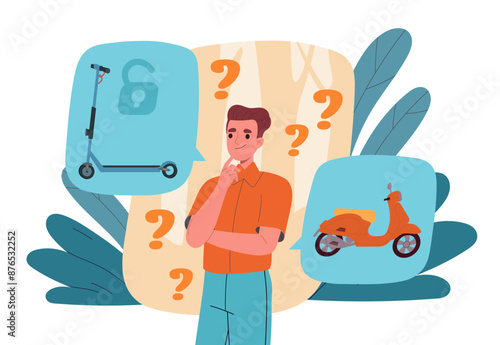 Man choose transport. Young guy chooses scooter or bike. Person with environmentally friendly transport for fitness. Purchase planning. Flat vector illustration isolated on white background