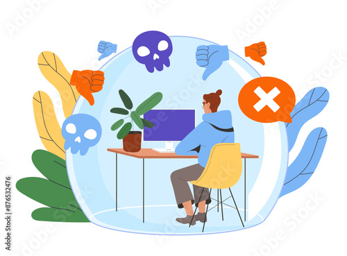 Man protected from bullying. Young guy sits at computer and reads negative comments. Cyberbullying and insults on internet. Bad review. Flat vector illustration isolated on white background