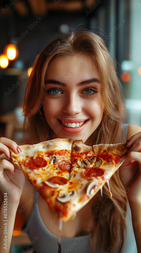 Happy woman eating pizza, smiling, facing camera, pizza in hand, happy woman looking down and eating pizza slice Happy woman eating pizza, smiling, facing camera, pizza in hand, happy woman looking down and eating pizza slice