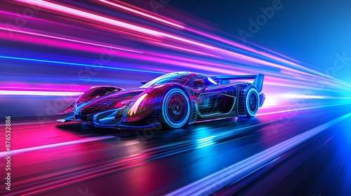 It's a sleek, futuristic car with a reflective surface and glowing wheels, speeding through a neon-lit environment.