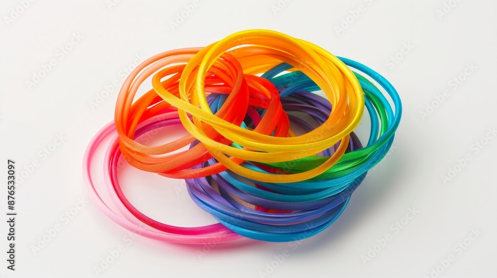 Vibrant hair ties in rainbow colors coiled together on a white background. Concept of hair accessories, bright colors, daily hair styling, playful fashion Vibrant hair ties in rainbow colors coiled together on a white background. Concept of hair accessories, bright colors, daily hair styling, playful fashion