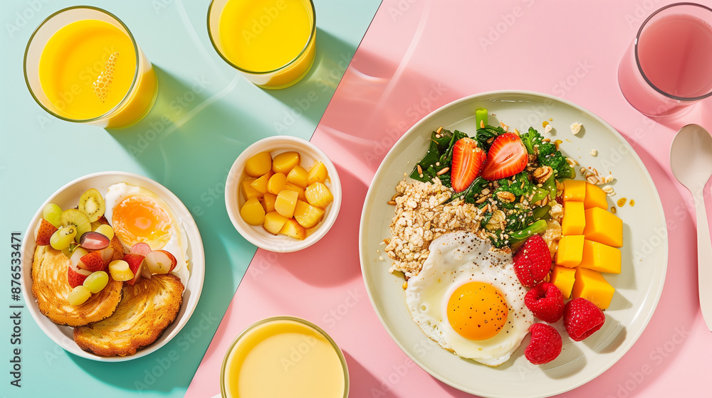healthy breakfast, organic ingredients lots of fruit, vegetables and protein. balanced morning meal healthy breakfast, organic ingredients lots of fruit, vegetables and protein. balanced morning meal