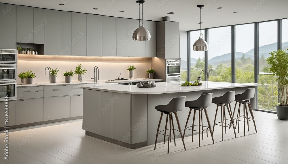modern kitchen interior. A stylish office kitchen with a sleek island, bar stools, and stainless-steel appliances modern kitchen interior. A stylish office kitchen with a sleek island, bar stools, and stainless-steel appliances