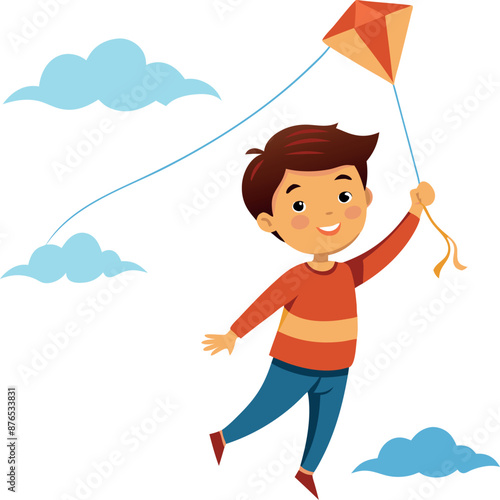 Happy Child Flying Kite On A Cloudy Day