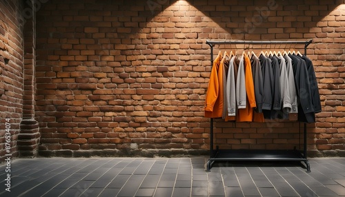  Exposed brick wall with a polished concrete floor, a single clothing rack to the side. The c 
