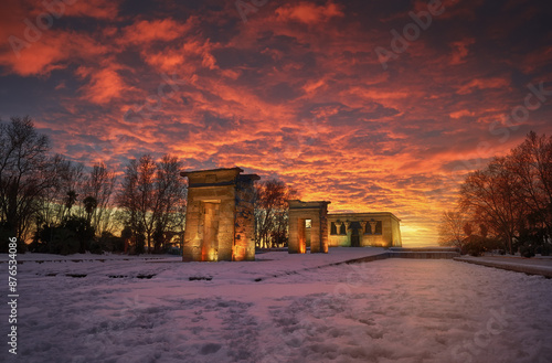 Debod Temple in madrid during filomena snow storm
