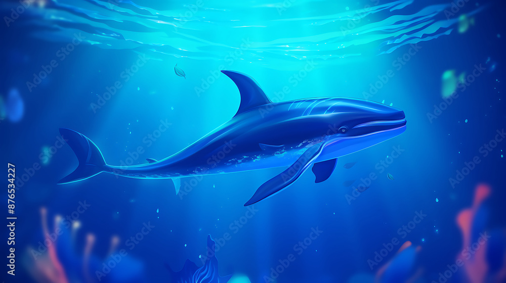 Mystical glowing blue dolphin dives deep in the ocean illuminating the water with its magical light Mystical glowing blue dolphin dives deep in the ocean illuminating the water with its magical light