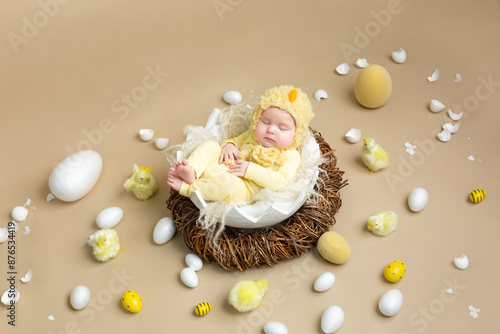 Quadro em tela Little charming newborn girl sleeps in a chicken costume