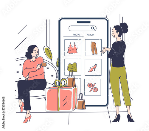 Woman with online shopping. Young girls near smartphone screen choose clothes. Electronic commerce and home delivery. Cashless transfers and transactions. Linear vector illustration