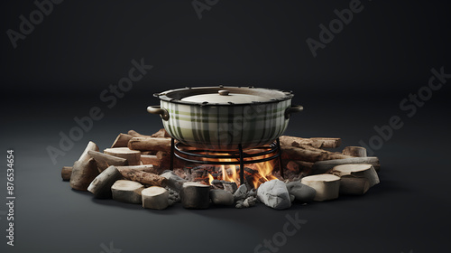 r�stica cooking pot over a campfire at night, surrounded by a ring of firewood photo