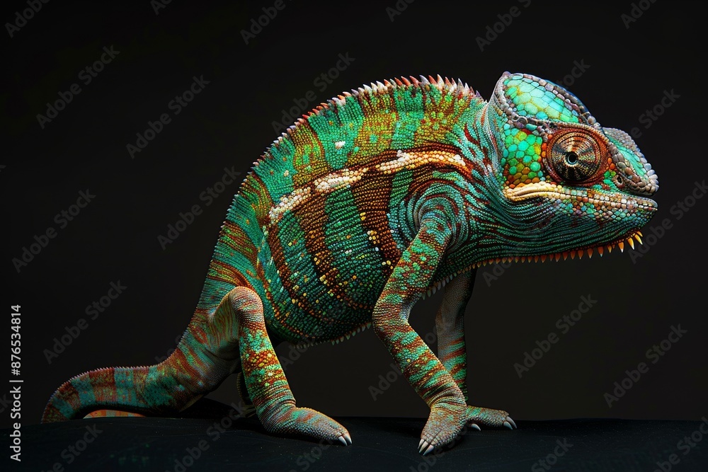 Full body view of Chameleon, in natural habitat, full body shot, full body View, isolated on black background Full body view of Chameleon, in natural habitat, full body shot, full body View, isolated on black background