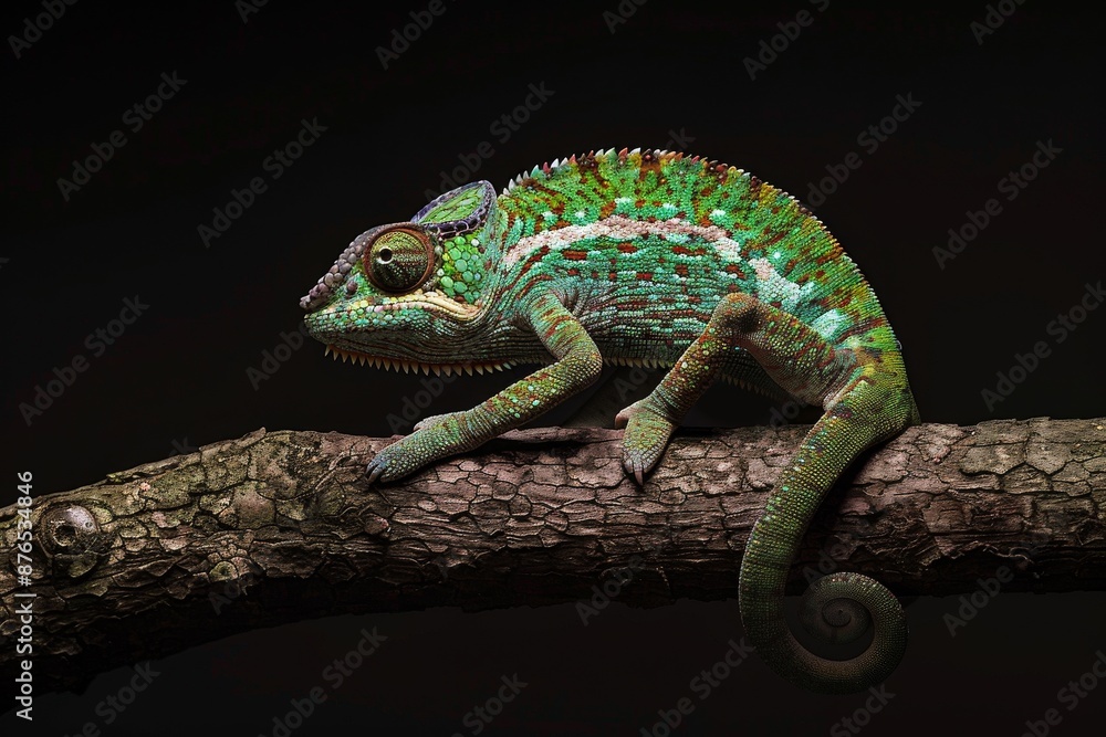 Full body view of Chameleon, in natural habitat, full body shot, full body View, isolated on black background Full body view of Chameleon, in natural habitat, full body shot, full body View, isolated on black background