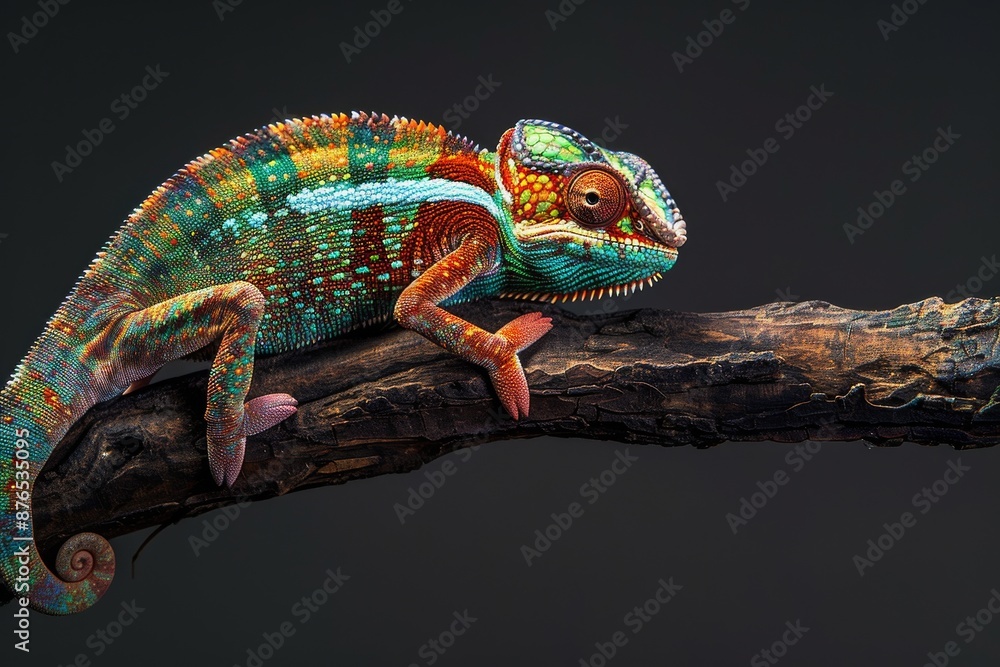 Fototapeta premium Full body view of Chameleon on an old wooden branch, isolated on black background