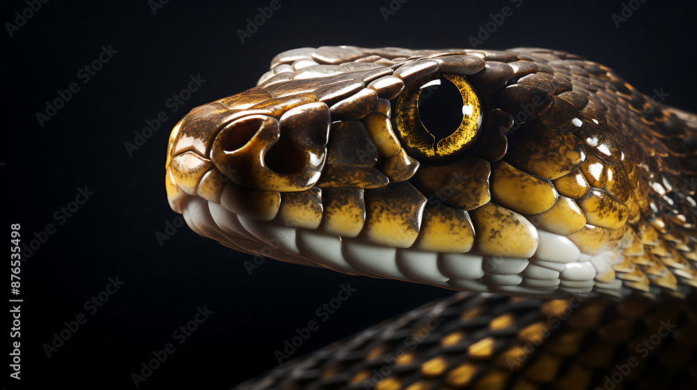 Closeup of a brown and yellow snake with a black background Closeup of a brown and yellow snake with a black background