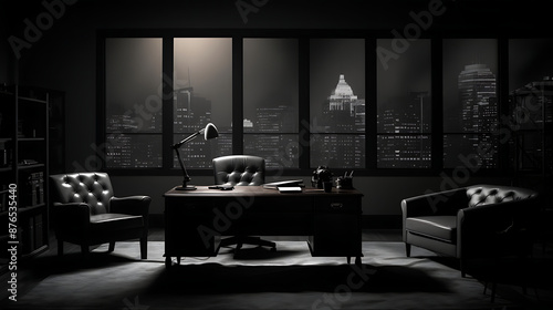 A dark and moody office with a large desk, leather chairs, and a view of the city at night through the windows. photo