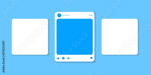 social media post mockup vector like, comment, share, save, icon set.  social network carousel post template photos frame, feed web post mock up. mobile app interface template. notification icons