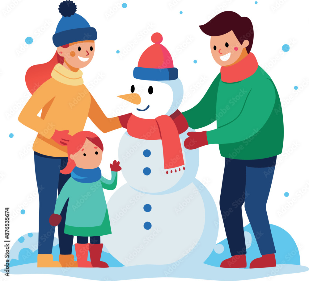Happy Family Building Snowman in Winter