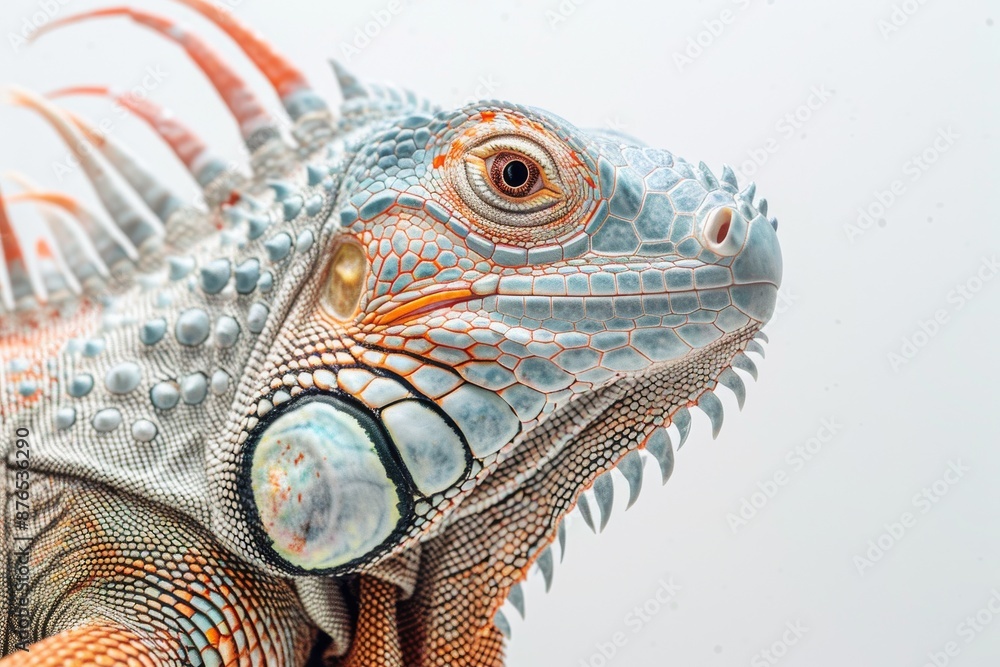 the beside view The Iguana, left side view, low angle, white copy space on right, isolated on white background the beside view The Iguana, left side view, low angle, white copy space on right, isolated on white background