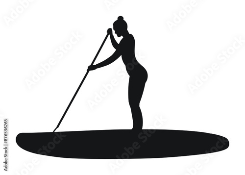 A girl holds a paddle in her hands and stands on a paddleboard, silhouette of a person