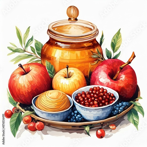 Colorful illustration of Rosh Hashanah celebration food