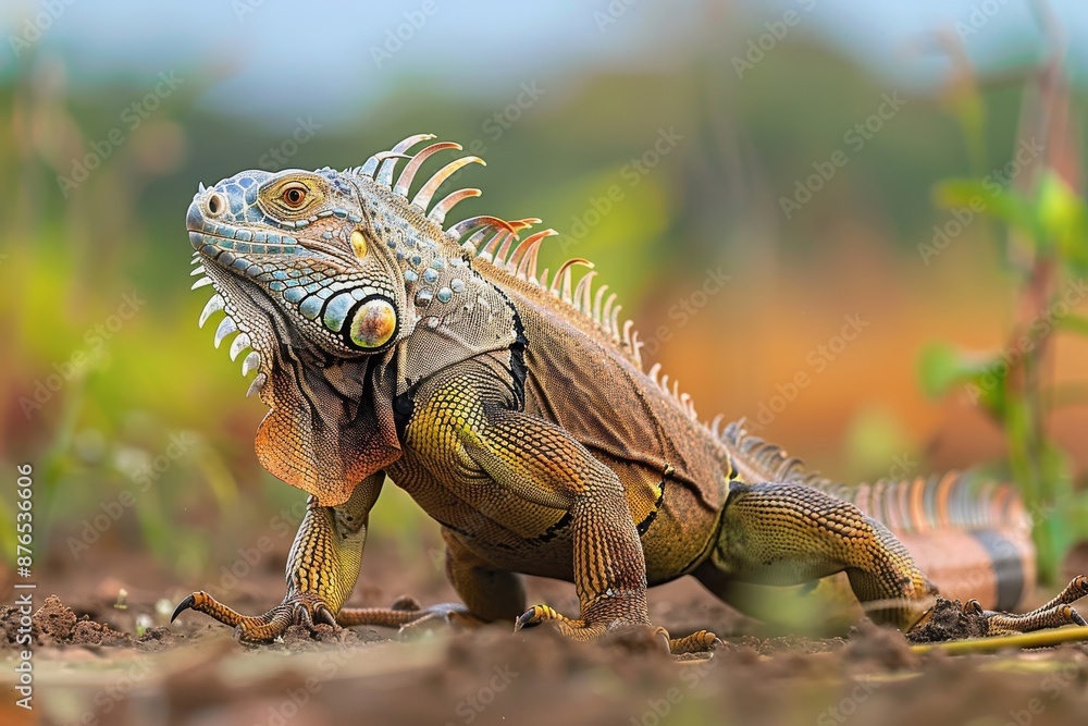 The Iguana walking in eye level view, Full body view View, Depth of Filed, over shoulder view The Iguana walking in eye level view, Full body view View, Depth of Filed, over shoulder view