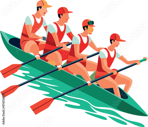 Team of Rowers in a Boat on Water