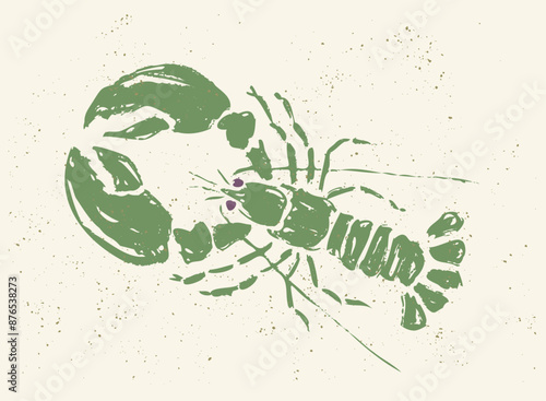 Vintage illustration of green lobster in block print style. Retro illustration of lobster for seafood shop.