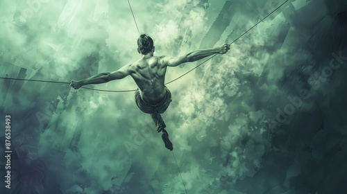 An image of an aerialist walking on a tightrope high in the clouds