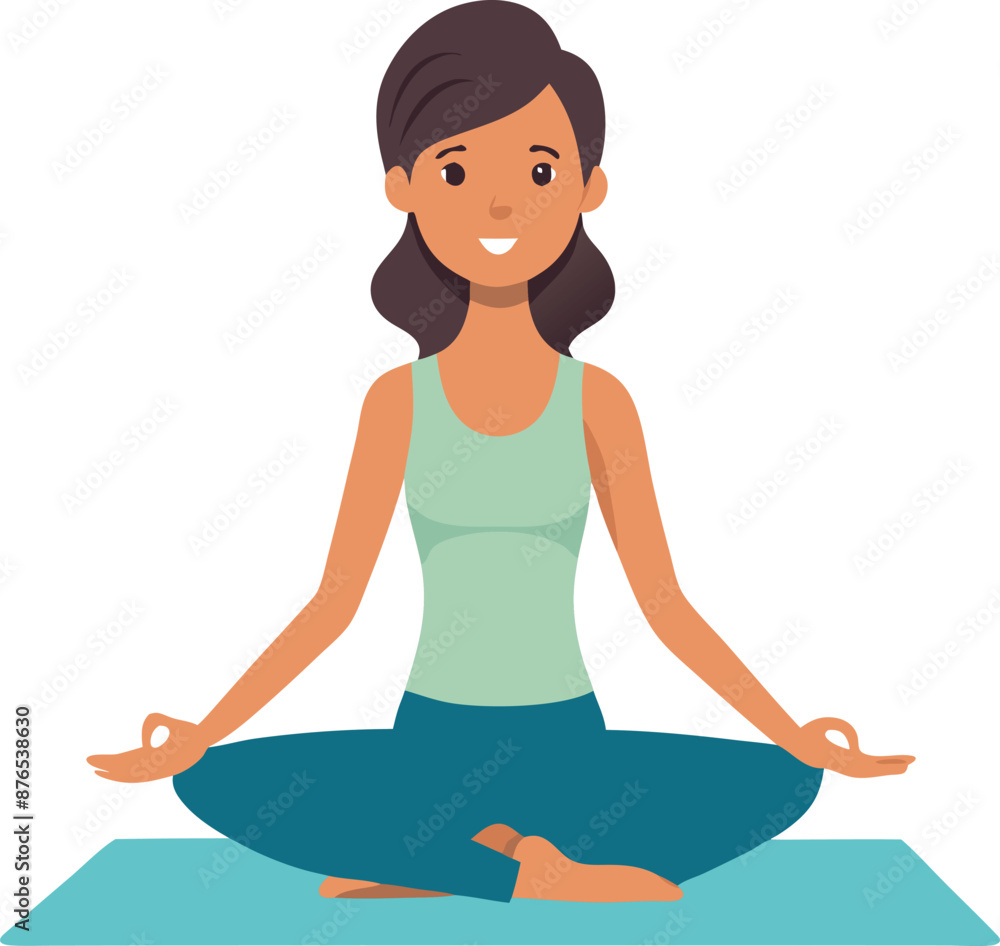 Happy Woman Meditating in Lotus Position on Yoga Mat Happy Woman Meditating in Lotus Position on Yoga Mat