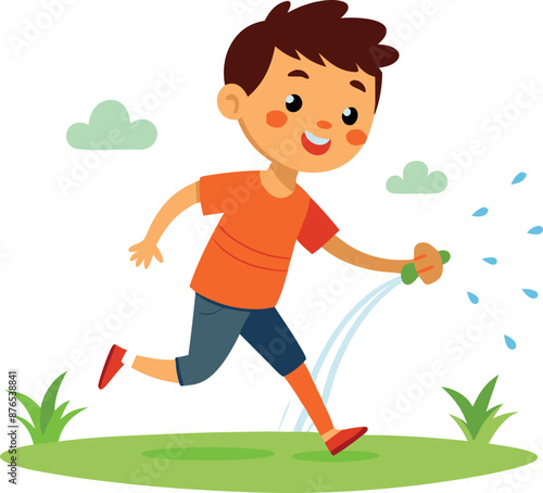 Happy Kid Playing With Water Hose Outdoors Illustration