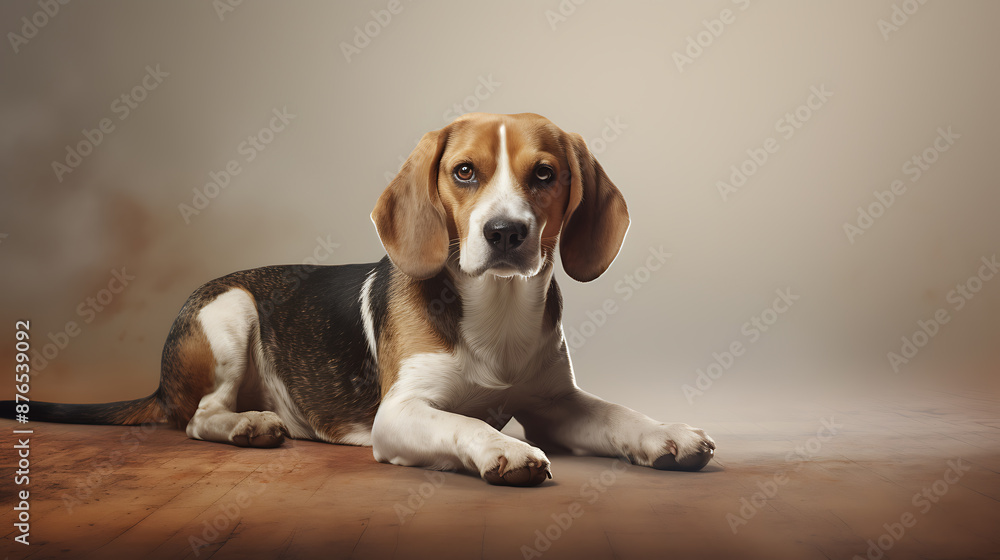 Beagle, lying down, studio shot, neutral background, pet portrait.
Beagle, lying down, studio shot, neutral background, pet portrait.