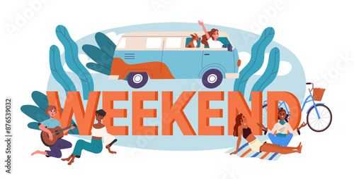People weekend poster. Woman with dog rides van, friends playing guitar and girls sunbathing at blanket. Leisure and rest, recreation. Flat vector illustration isolated on white background