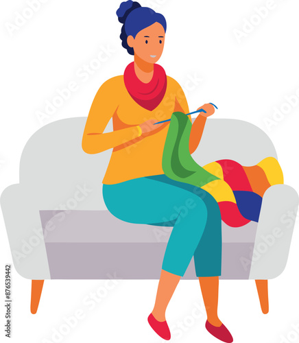 Woman Crocheting on Couch with Colorful Yarn