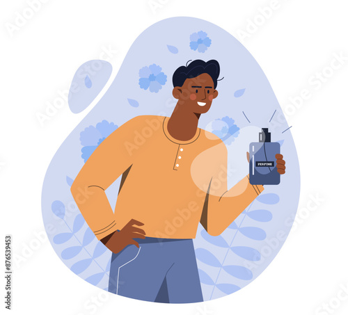 Man with perfume. Man with sprayer applies cosmetic product to himself. Fragnance and aroma. Glass bottle with cologne. Beauty and elegance. Flat vector illustration isolated on white background