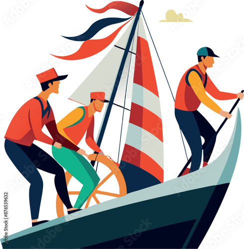 Teamwork On A Sailing Boat In Colorful Illustration