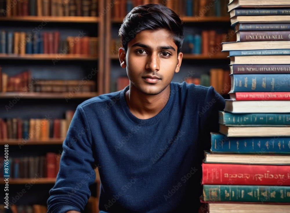 Portrait of a young Indian student sitting in a library Portrait of a young Indian student sitting in a library