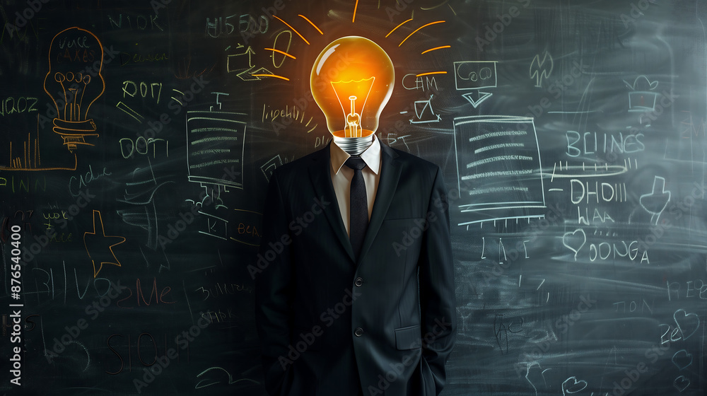 A businessman in suit with light bulb head standing against chalkboard background, concept of business idea and innovation. A businessman in suit with light bulb head standing against chalkboard background, concept of business idea and innovation.